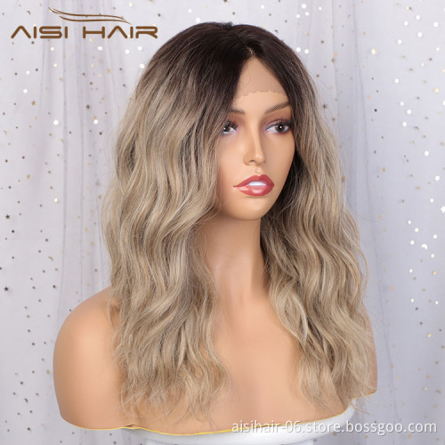 Aisi Hair Medium Long Wavy Ombre Brown Wig 18 Inch Water Wave Swiss Lace Wig Synthetic Front Lace Hair Wigs For Black Women